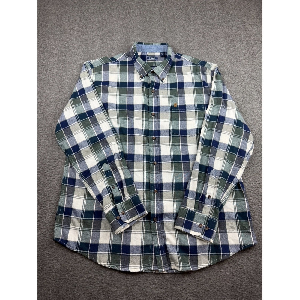 IZOD Men's XL Plaid Flannel Long Sleeve Button Down Shirt Blue Green White